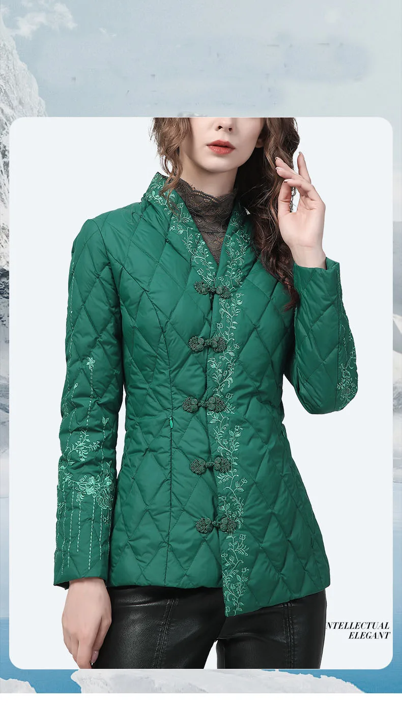 Vintage Embroidered Green Mid-Length V-Neck Women Down Jacket Winter Warm Lightweight White Duck Down Puffer Coat Cotton Jackets