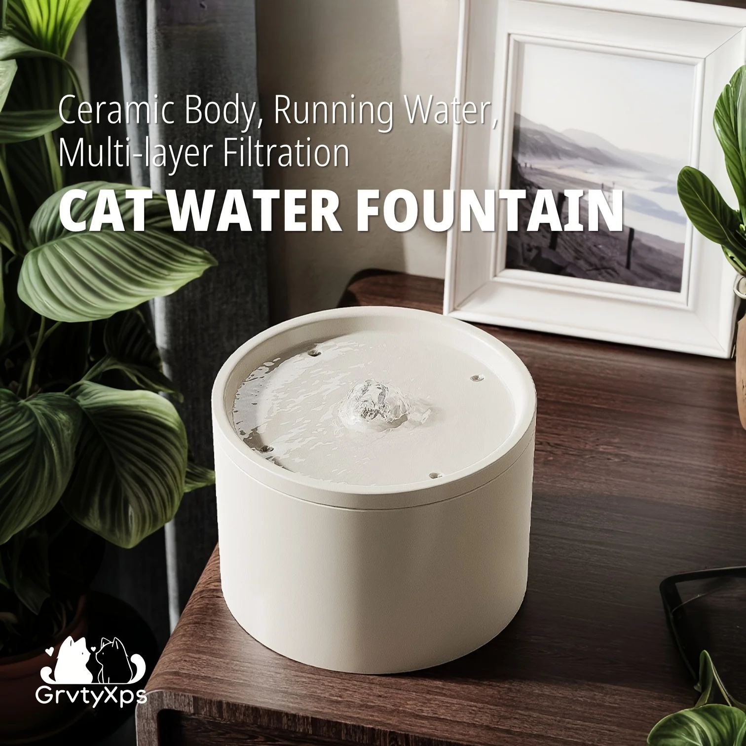 

Ultra-Quiet Cat Water Fountain, Automatic Circulating Pet Drinking Bowl with 3-Stage Filtration, Ceramic Design