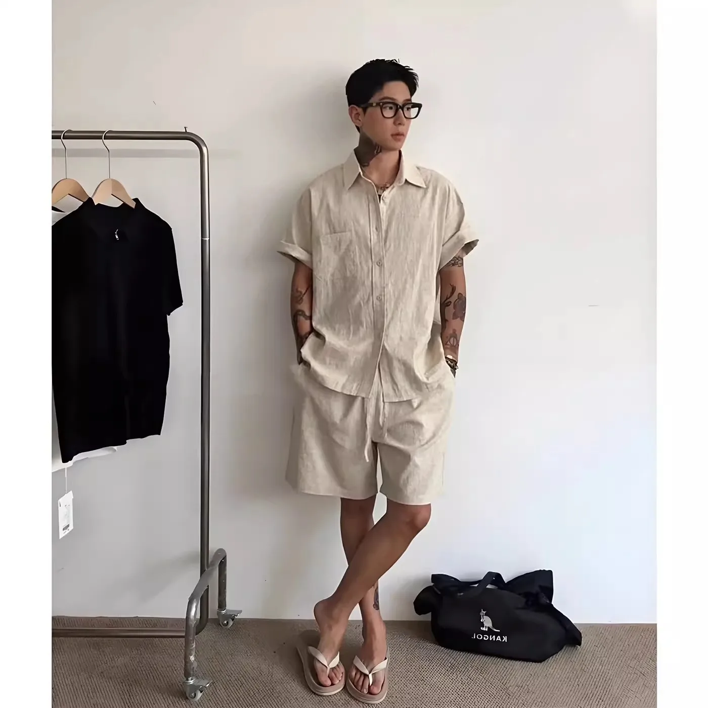 

Summer Men's Cotton Linen Shirt Shorts Set Large Size 300 Pounds Hong Kong Style Thin Fashion Lazy Loose Feeling Casual Sport...
