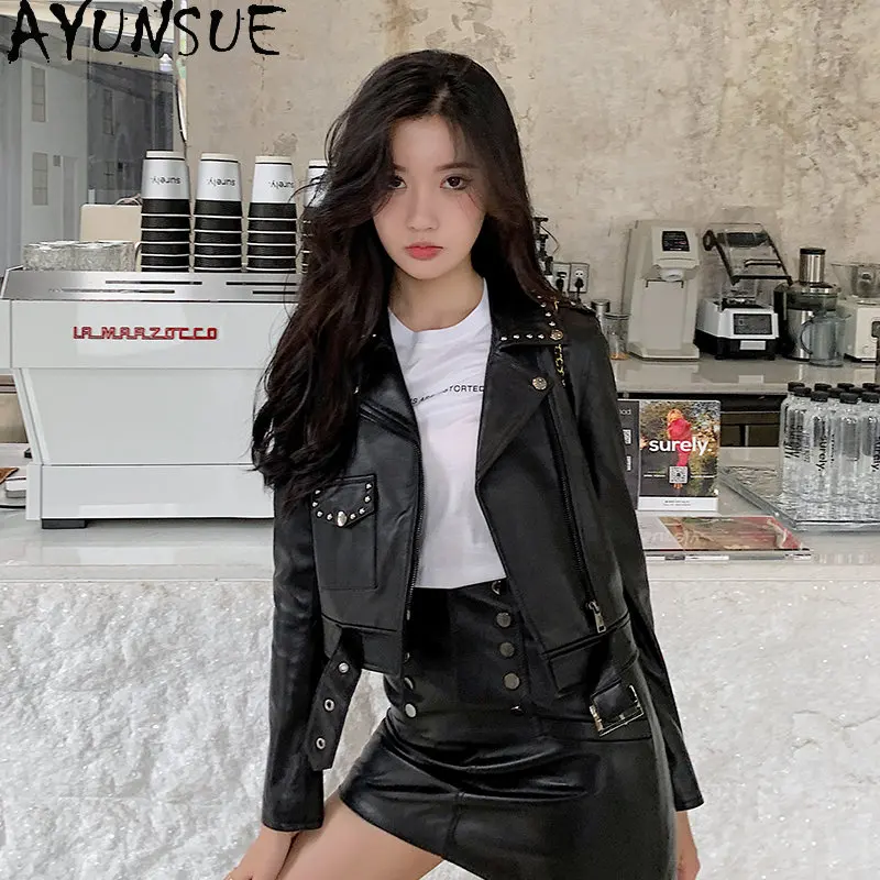 

AYUNSUE New Real Leather Jacket for Women 2023 High Street Genuine Sheepskin Coat Rivets Short Leather Jackets Jaqueta Feminina