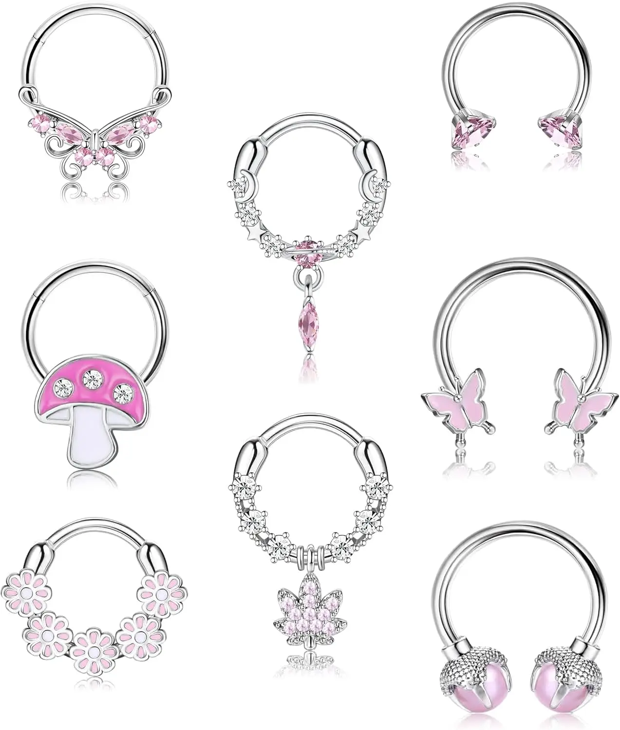 Drperfect 8 Stück Septum-Ringe 16G Chirurgischer Edelstahl Septum-Nasenringe für Frauen Rosa Septum-Piercing Clicker Nasenpiercing – Detail 6