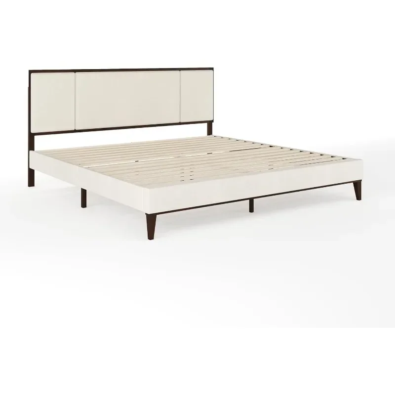 Platform Bed with Headboard, Fabric Upholstered Built-in Headboard and Base, Solid Wood Frame, No Box Spring Required