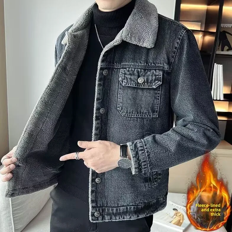 

Men's Denim Jaet Fce Lined Thi Winter Sle Lamb Fur New Korean Version Wear Resistant Dirt Proof Casual Jaet