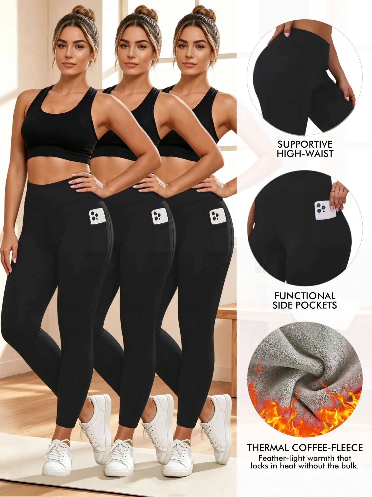 3er-Pack Plus-Size-Leggings mit Fleece-Futter und Taschen für Damen – Winterhosen, dicke, wärmende Thermo-Hosen, hoch geschnitten, mit Bauchkontrolle
