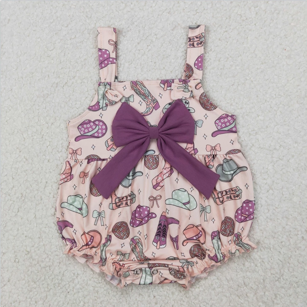 

New Short sleeve Baby Infant Girls Baby Infant Girls Pink Strap Hats Boots Purple Bow Top Ruffle Rompers