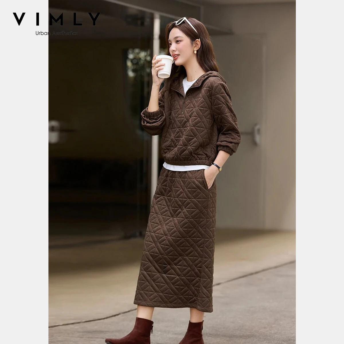 

VIMLY Two Piece Set for Women 2025 Winter Jacquard Hoodie Straight Midi Skirt Matching Sets Long Sleeve Women Clothes Set A3787