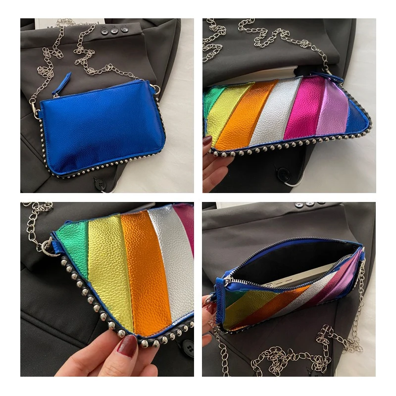 2025 جديد قوس قزح مخطط حقيبة نسائية عصرية وخفيفة الوزن حقيبة صغيرة سلسلة واحدة الكتف حقيبة كروسبودي حقيبة الهاتف المحمول #3
