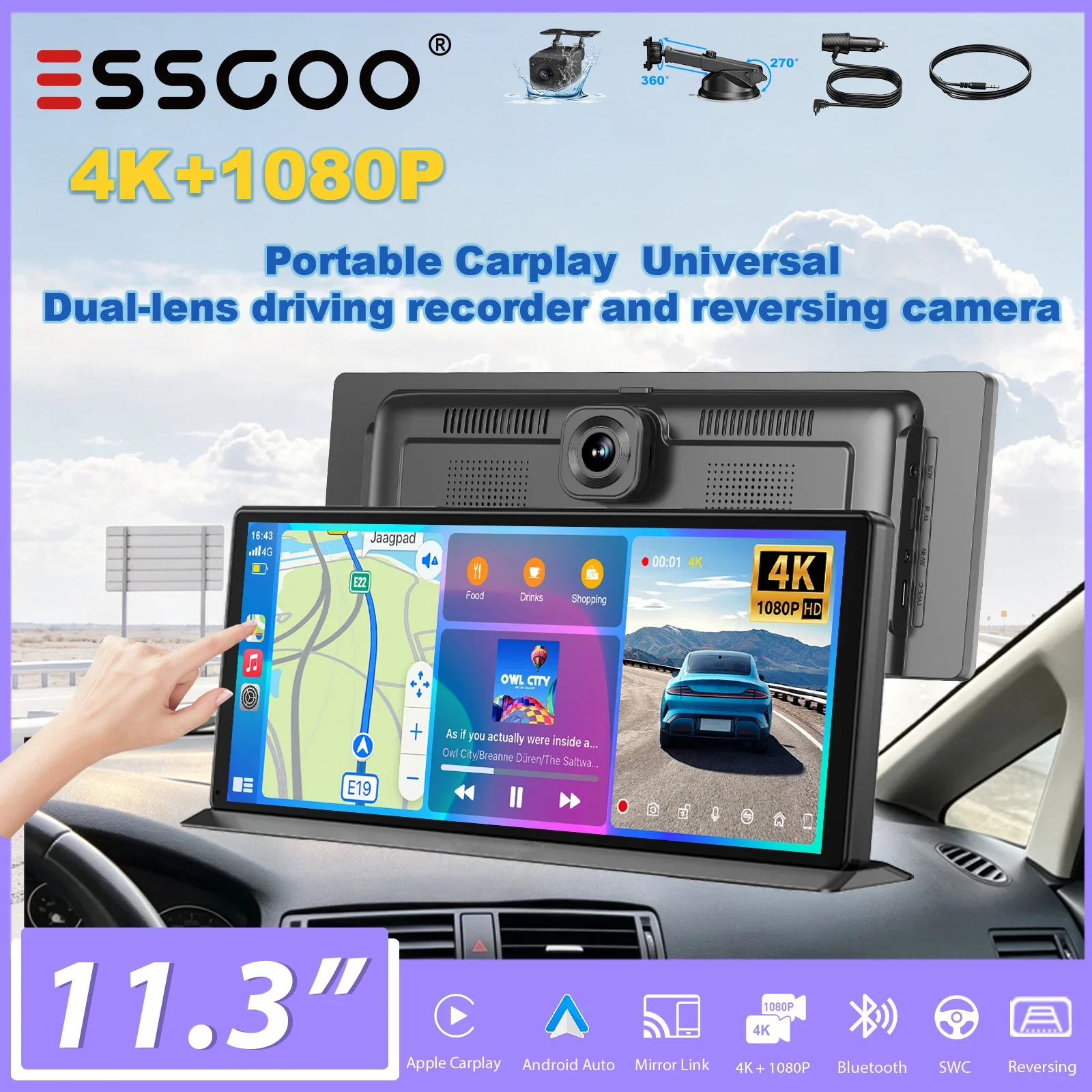 ESSGOO 11.3-Inch Car Radio 4K+1080P Portable Carplay Universal Android Auto Universal Dual-lens driving recorder and reversing camera Night Vision Wireless CarPlay WiFi FM Bluetooth 5.3 AUX Mirror Link For Cars Trucks SUV Pickups GPS NAVI Optional