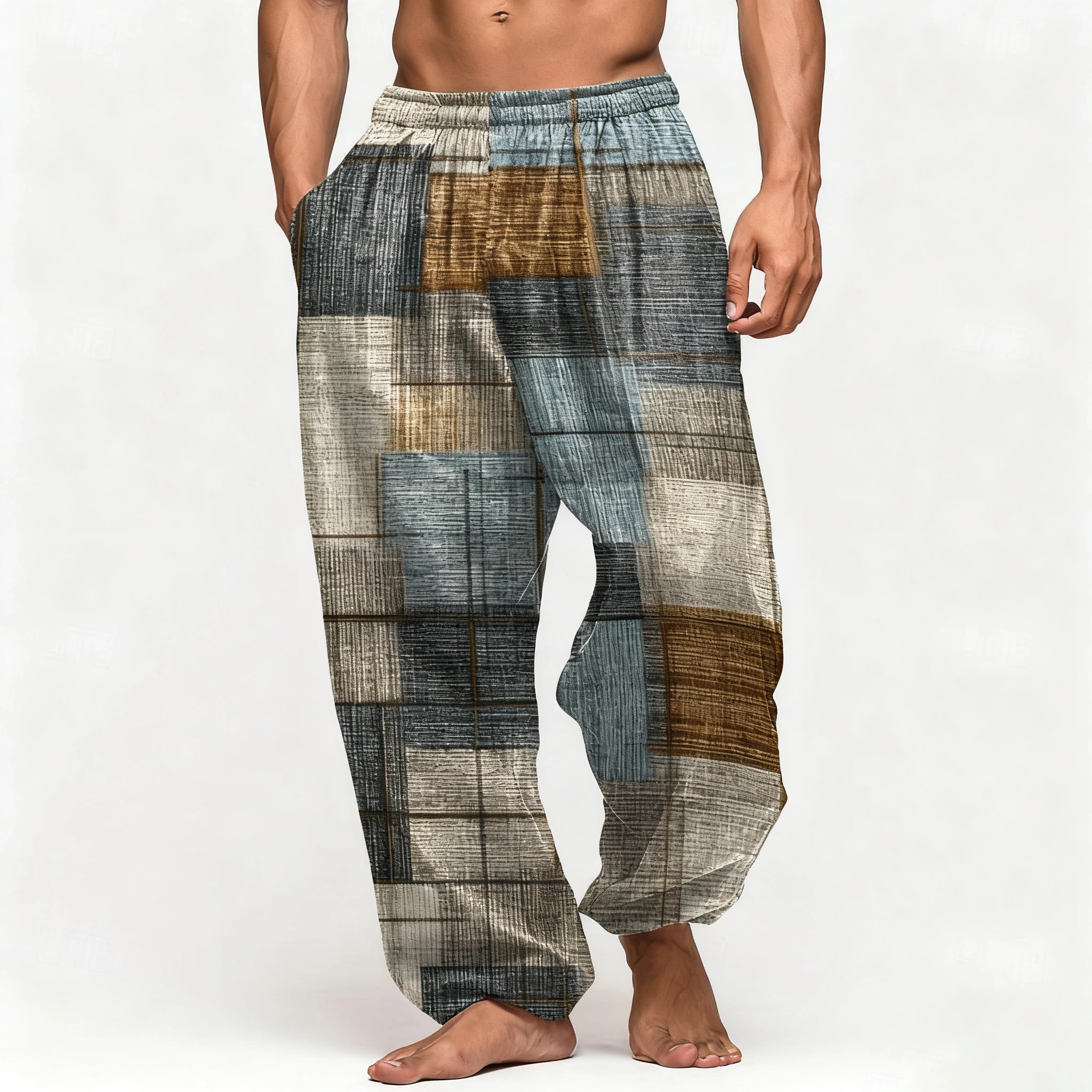 

2025 Men Geometric Color Grid Plaid Print Pants Trousers Pajama Pants Home Elastic Waist Casual Home Trousers For Men Clothing