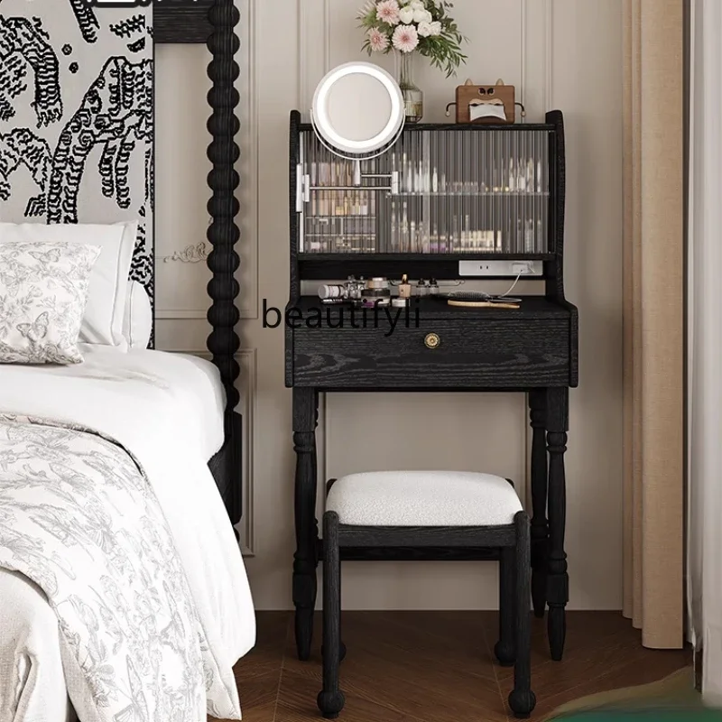 Black Solid Wood Dresser Multi-Functional Small Apartment Dressing Table Bedroom American Retro Bedside Makeup Table