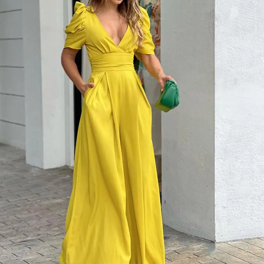 

2023 Elegant Puff Sleeves Women's Jumpsuit Sexy V-Neck Hollowed Waist Tie Wide Leg Pants Office Lady Wide Legs Casual Jumpsuits