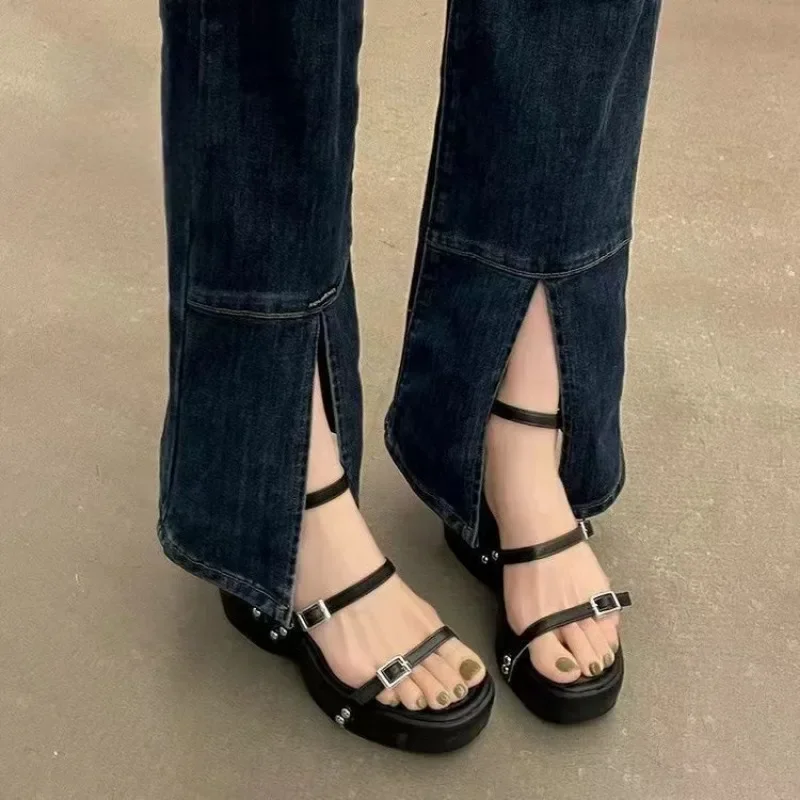 إسفين PU عالي للنساء ، حزام نحيف ، نعل سميك ، منصة خارجية ، أحذية نسائية ، صيف ، مثير ، جديد ، كعب ، مشبك ،