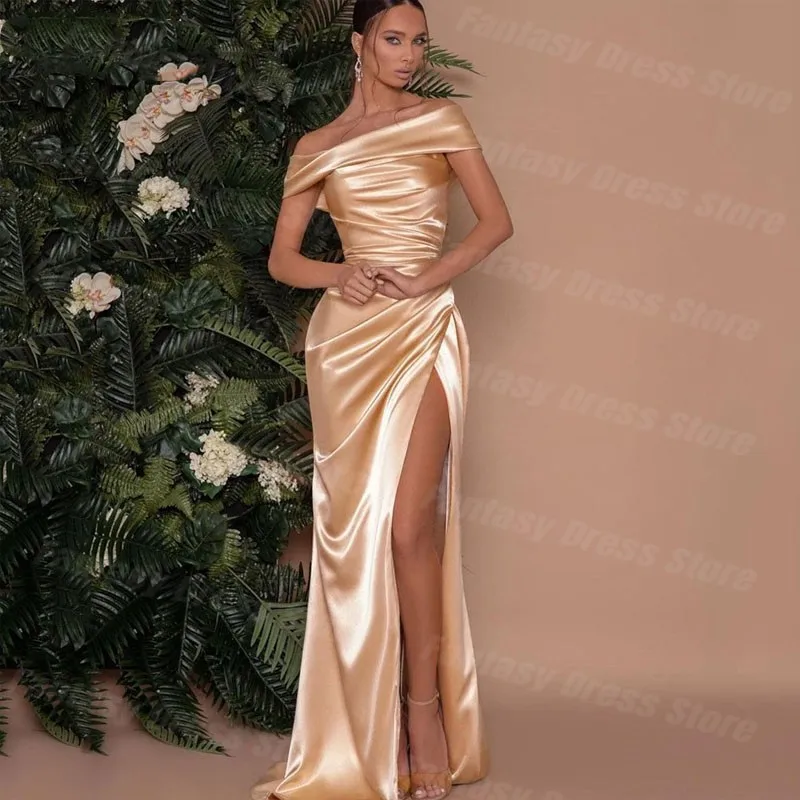 2023 Latest Champagne Gold Evening Dresses Satin Pleated Elegant Off Shoulder Sexy Split Slit Mermaid Prom Dresses For Women