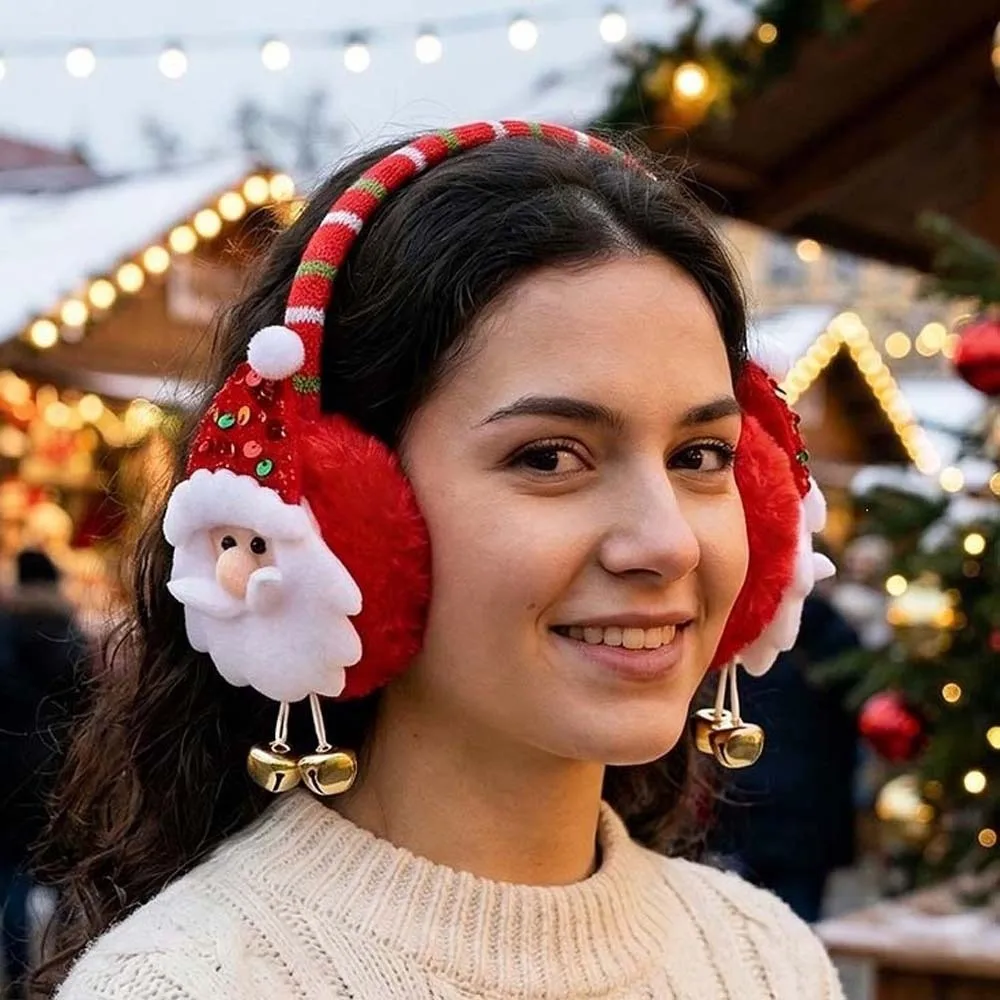 Soft Fabric Christmas Earmuff Sequin Detail Thick Padding Cartoon Santa Headband Festive Design Lightweight Fit