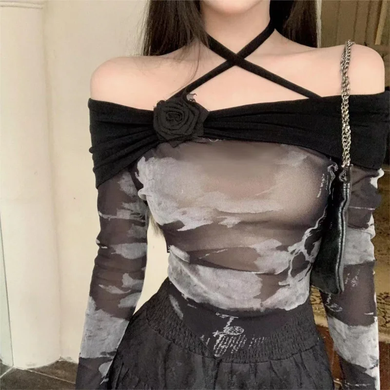 

Women Sexy Fashion Club Cropped Tops Elegant Lace Patchwork Print Irregular Skew Collar Long Sleeve T-shirt Tops