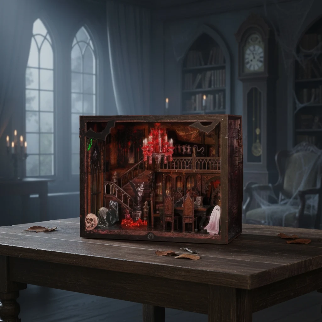 

OUZEY 3D Wooden Book Nook DIY Kit - "Haunted Manor" Halloween Theme Light & Figures, Spooky Bookshelf Decor Gift for Adults