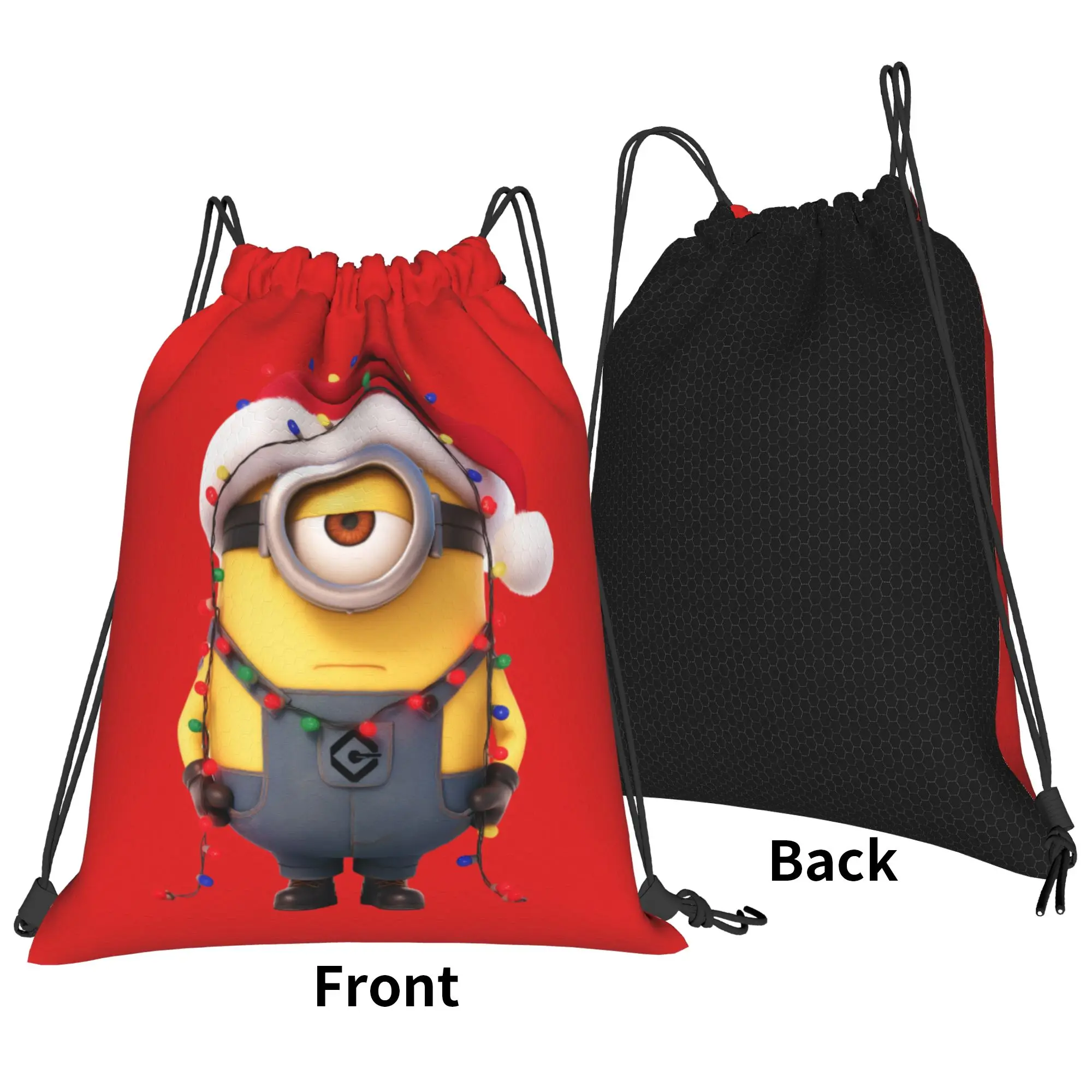 M-Minions-s Cartoon Christmas Drawstring Backpack Gym Sports Sackpack Water Resistant  String Bags for Working Out