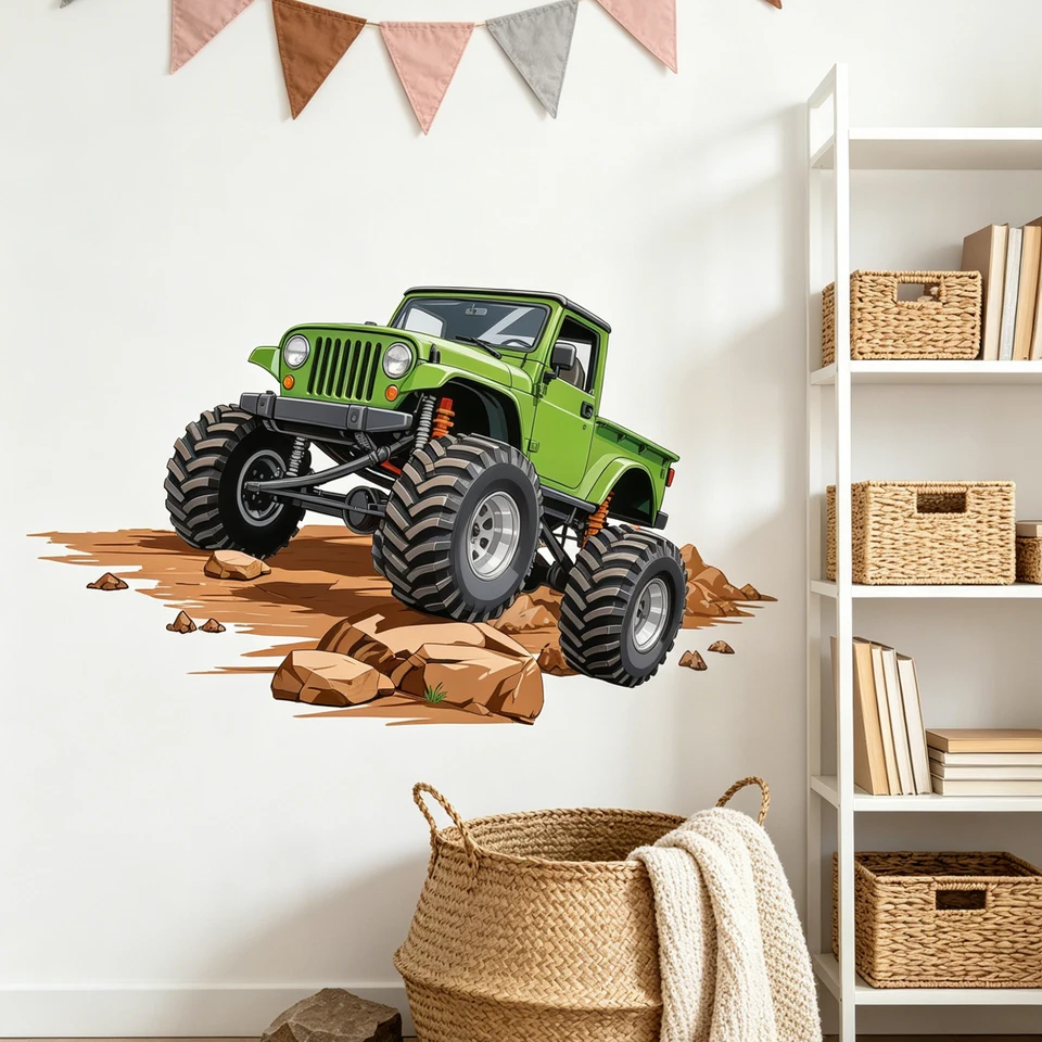 1 green monster Jeep wall sticker, off-road truck large tire, rock dirt, ground wall sticker