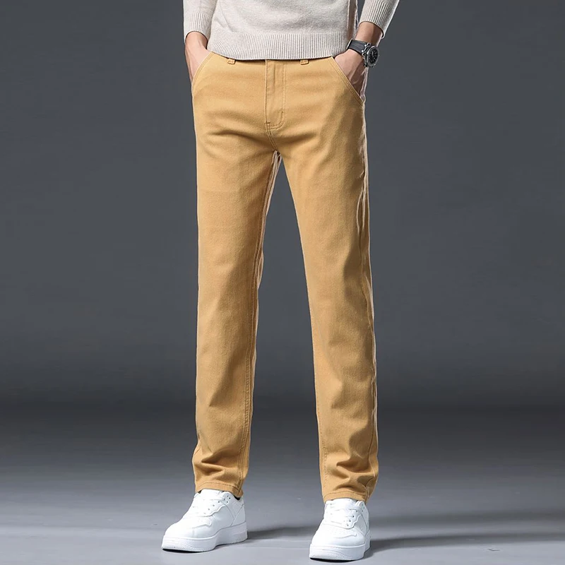 Мужские осенне-зимние новые повседневные эластичные джинсы, мужские свободные прямые джинсовые брюки больших размеров, модные облегающие глиняно-желтые брюки