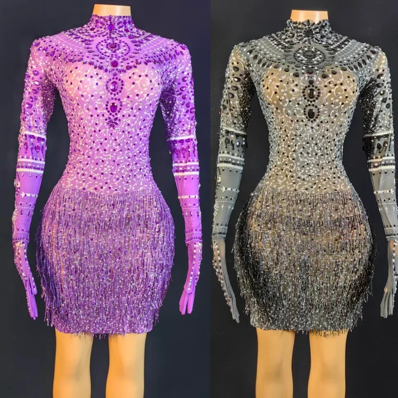 フル真珠ラインストーンドレス手袋セクシーなメッシュフリンジドレス女性の誕生日祝うドレスステージフェスティバル衣装 XS6749