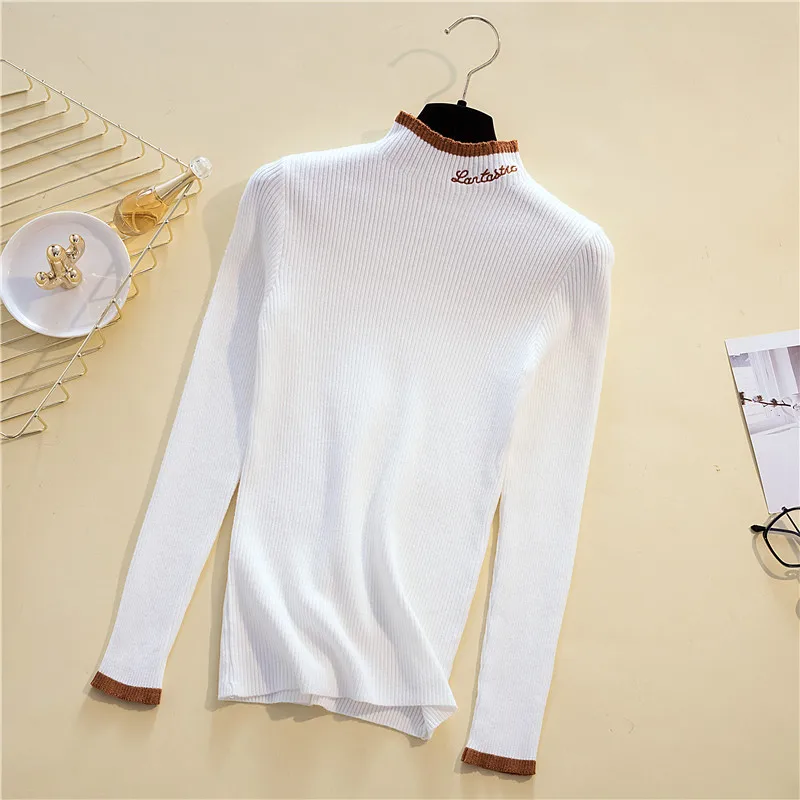 Embroidery Mock Neck Pullover Knitted Sweater Autumn Winter Women\'s Sweater Korean Fashion Long Sleeve Soft Slim Female Tops