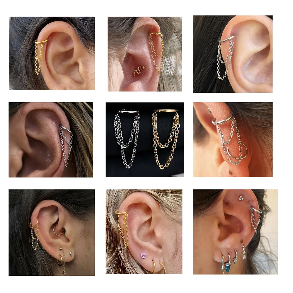 1PC Stainless Steel Cartilage Earrings Dangel Double Chains Hoop Helix Piercings Smooth Hinged Clicker Piercing Body Jewelry 16G