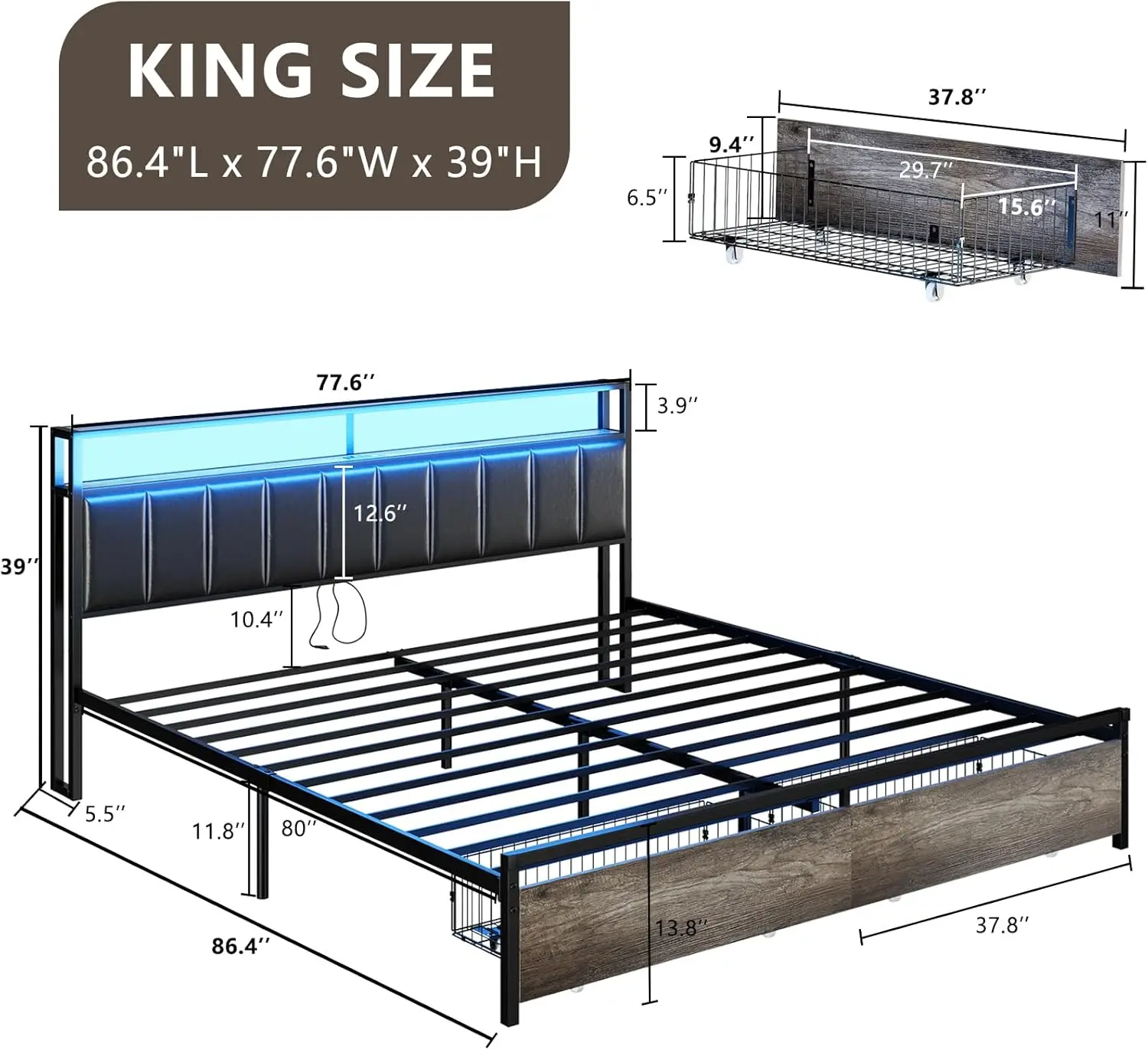 Led Bedframe Met Laden, Platform Bedframe Met Tier-Opslag En Lederen Gestoffeerd En Laadstation Hoofdeinde