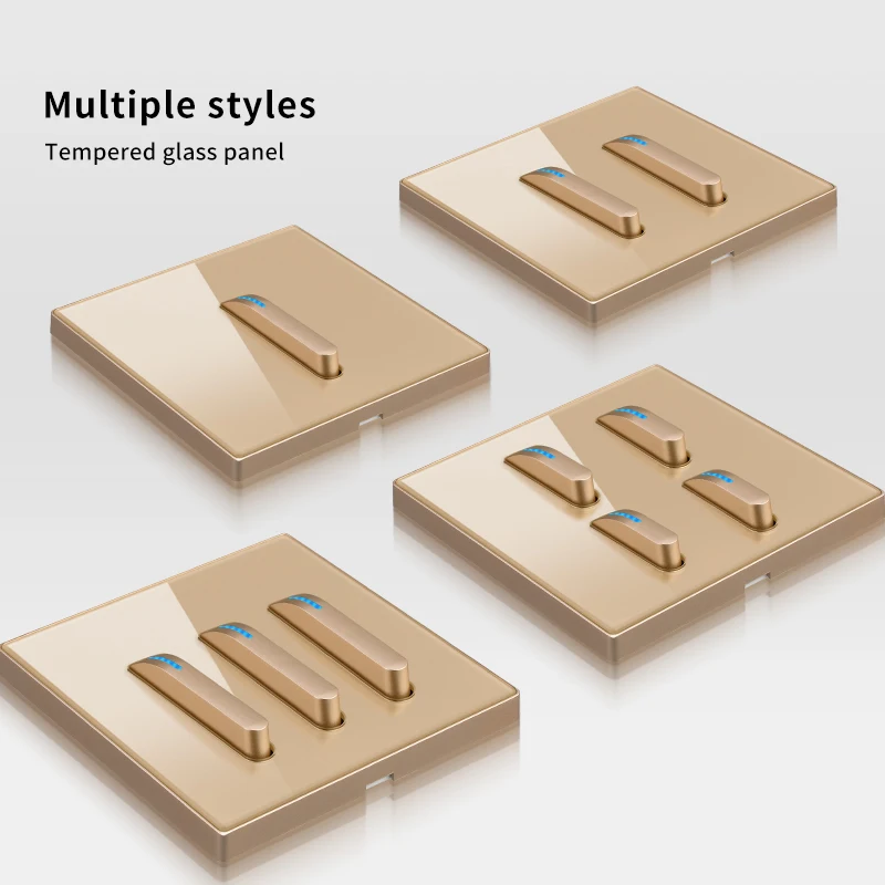 

golden Lamp Tempered Glass International Switch Self-Reset Led Indicator Light Piano Keys Wall Lamp Panel 1-4gang 1Way 2Way