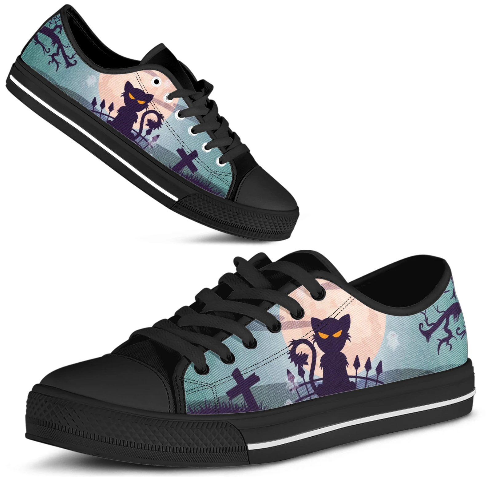 ELVISWORDS Halloween Cat 3D Pattern Women Vulcanized Shoes Classic Canvas Sneakers for Students Girls Leisure Breathable Flats