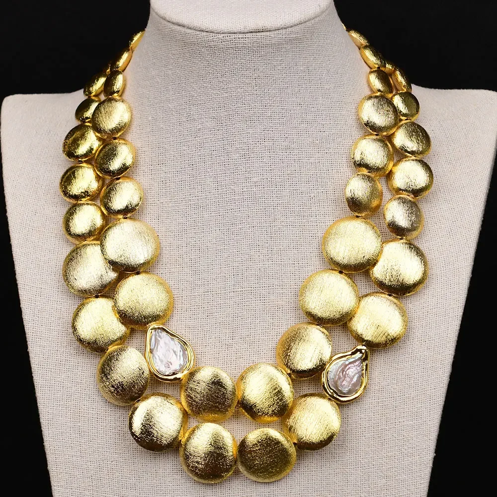 

2 Rows Cultured White Coin Keshi Pearl Gold Plated Brushed Coin Beads Necklace