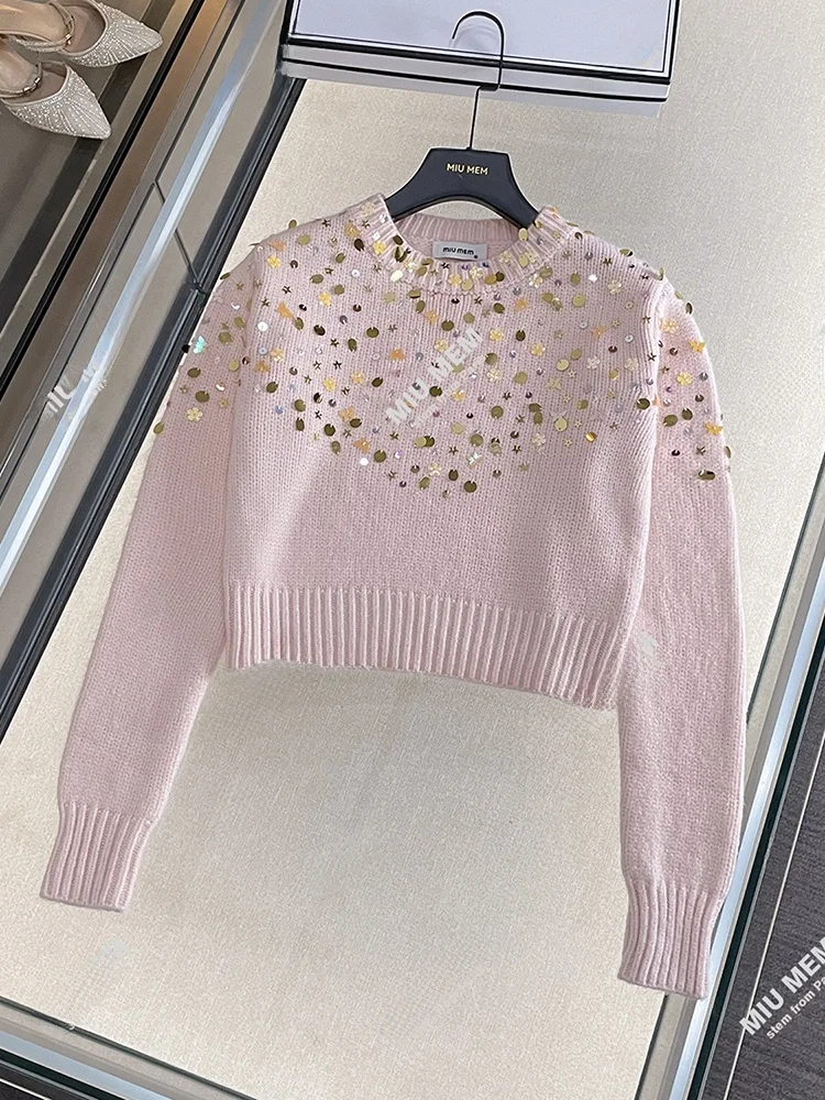 

Miumem Women's Pink Knitted Top Glitter Heavyweight Soft Sle Commute Simple Sle Regular Fit Long Sve ort Length