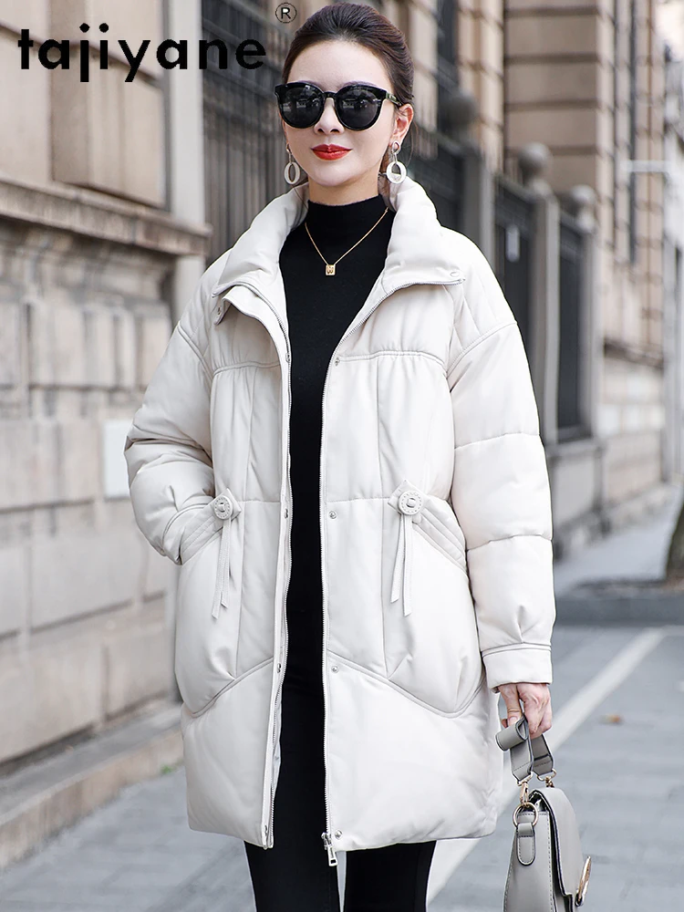 TAJIYANE 100% جلد الغنم بطة أسفل معطف امرأة أنيقة الأبيض سترة منفوخة قسط حقيقية سترات من الجلد ملابس حريمي 2025 신상 Jadiitet
