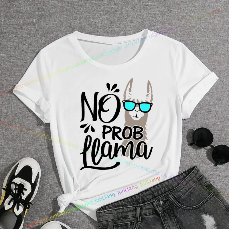 Funny Funny Alpaca Alpaca with Sunglasses for Women Kawaii Cartoon Print T-shirt for Men Oversized Short Sleeve 100% Cotton Top