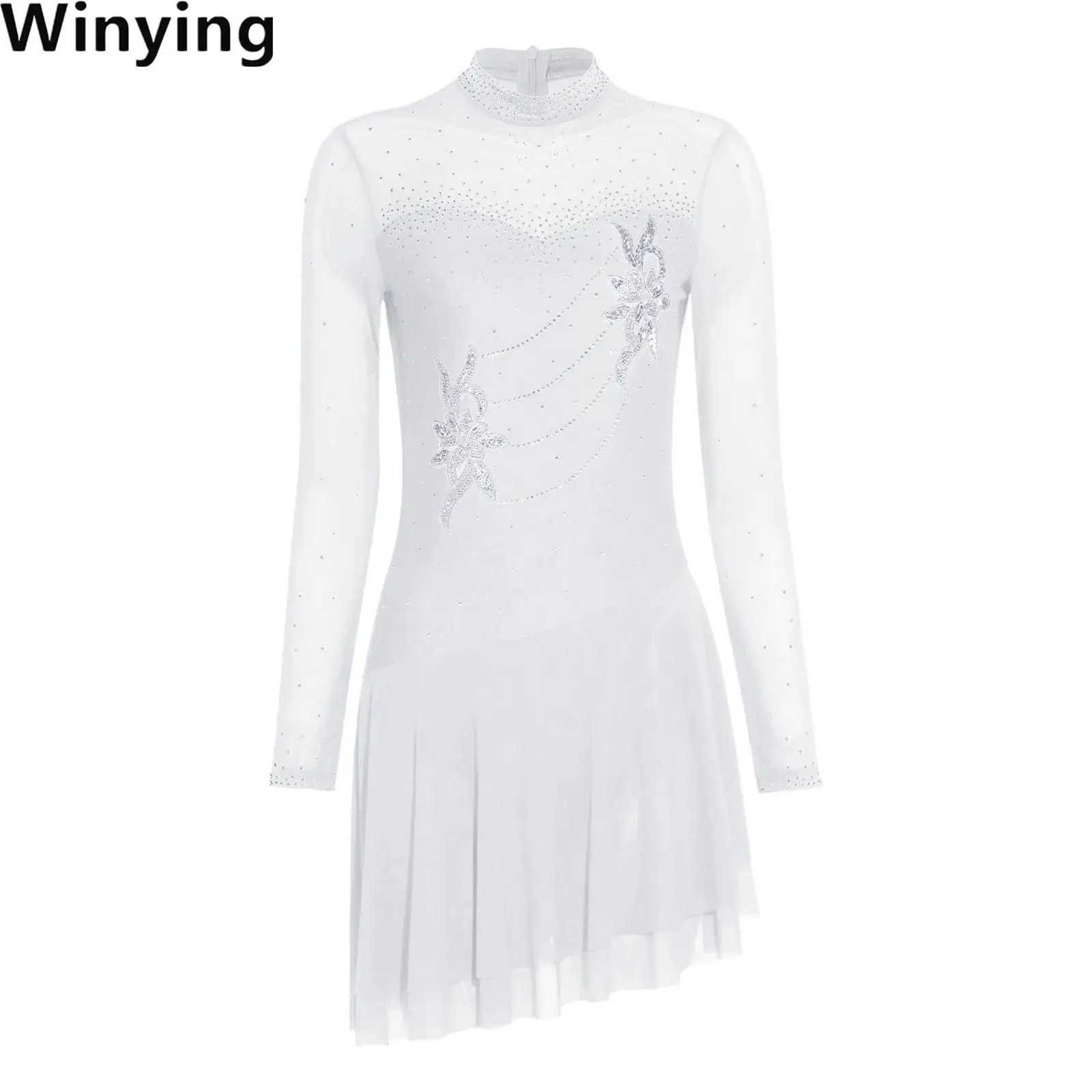 

Women Mesh Splice Figure Skating Lyrical Dance Dress Sequin Applique Long Sleeve Leotards Skirted Gymnastic Ballet Dance Costume