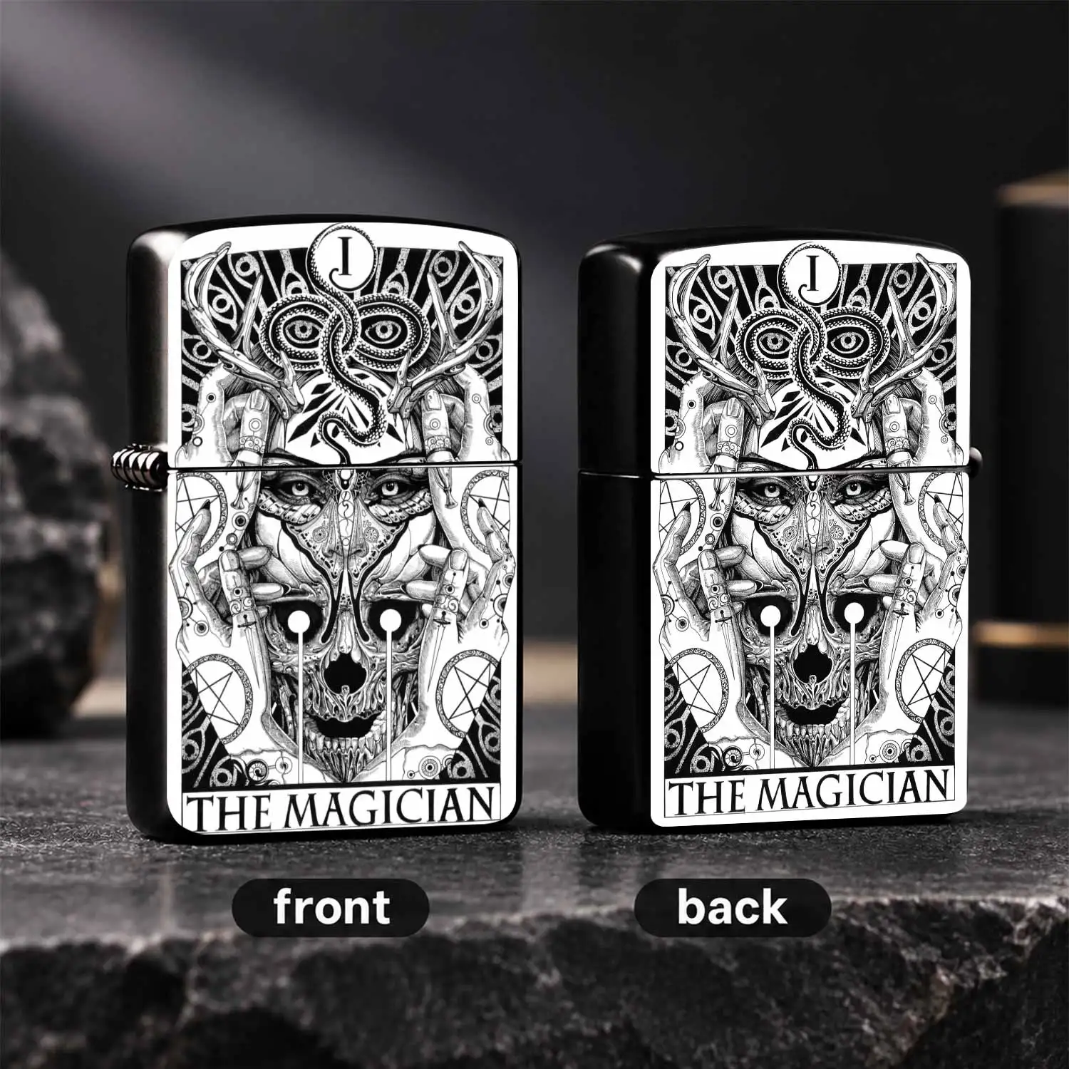 Vintage Dark Tarot The Magician Themed BLACK White Hand Drawn Mystical Symbol Art Windproof PORTABLE Fire DEVICE Trendy Collectible Gift For Daily Use Showing Unique Aesthetic A fun and humorous lighter