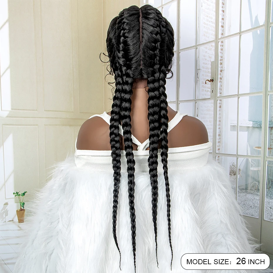 26 pollici scatola corta trecce parrucca frontale in pizzo parrucca sintetica africana a 4 trecce con i capelli del bambino per parrucca treccia scatola donna Afro francia