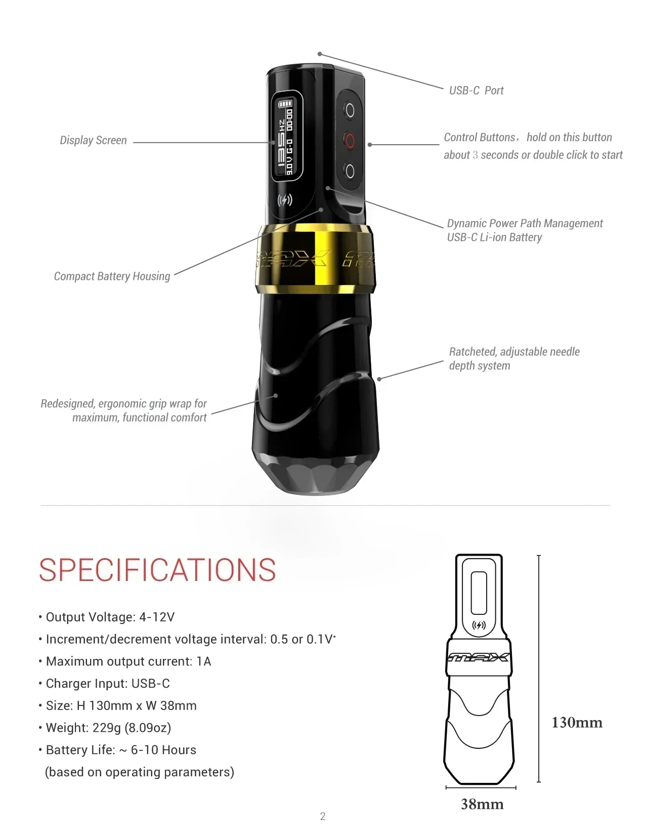 Imagem -02 - Dual Battery Tattoo Pen Machine Ajustável Medicina Barril Profundidade da Agulha Fluxo sem Fio Max Tattoo Pen Curso 3.5 mm Novo