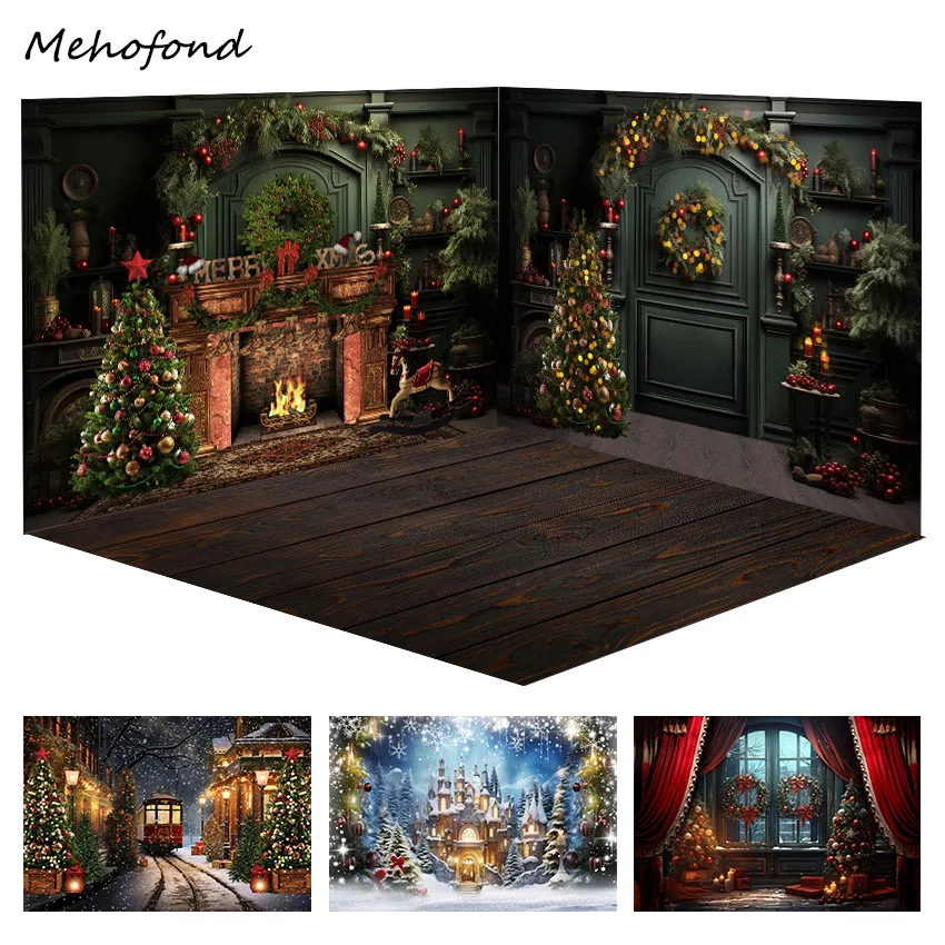 

Mehofond Photography Backdrop Xmas Castle Party Family Festival Portrait Fireplace Window Wreath Decor Background Photo Studio