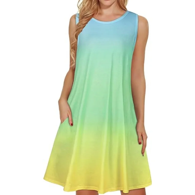 

Women's Summer Dress 2025 Beach Casual Sleeveless Floral Print Vest Loose Sundress with Pockets
