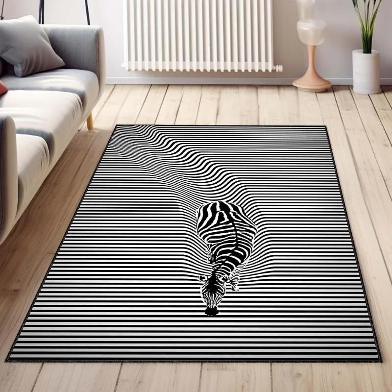 Zebra Striped Black and White Area Rug, Aesthetic Cool Animal Print Pattern Carpet for Living Room Salon Home Decor