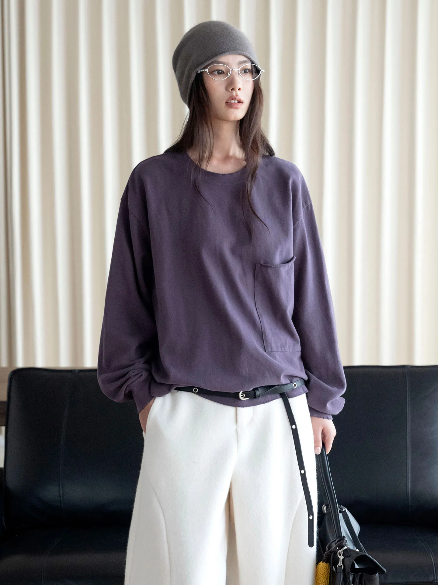 Autumn and winter new Korean style simple casual round neck single-sided pocket T-shirt loose top for women