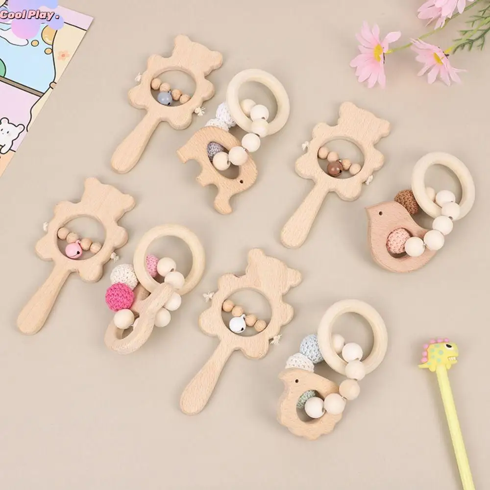 

Cartoon Cartoon Bear Wooden Baby Rattle Toy Anti-lost Adjustable Handbell Rattle Toy Rabbit Silicone Wooden Rings Toy Children