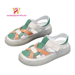 Sandals Women's Flat Beach Shoes Summer 2023 New First Layer Cowhide Comfortable Pregnant Women Wear Color-block Women's Sandals