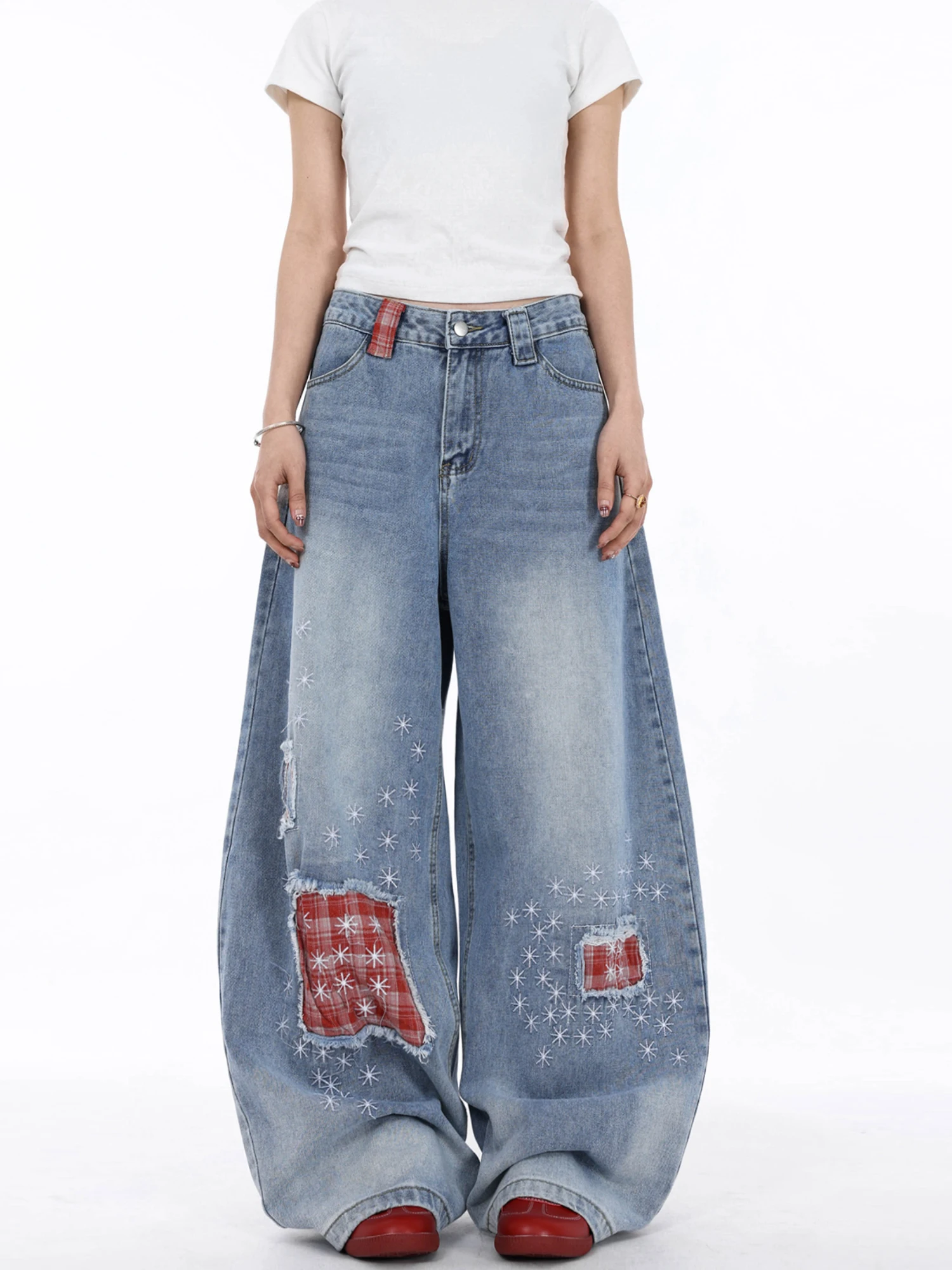 

Retro American Torn Patchwork Denim Pants Loose Wide Leg Knife Design Color Block Plaid Men's New Style Casual High Waist Jeans