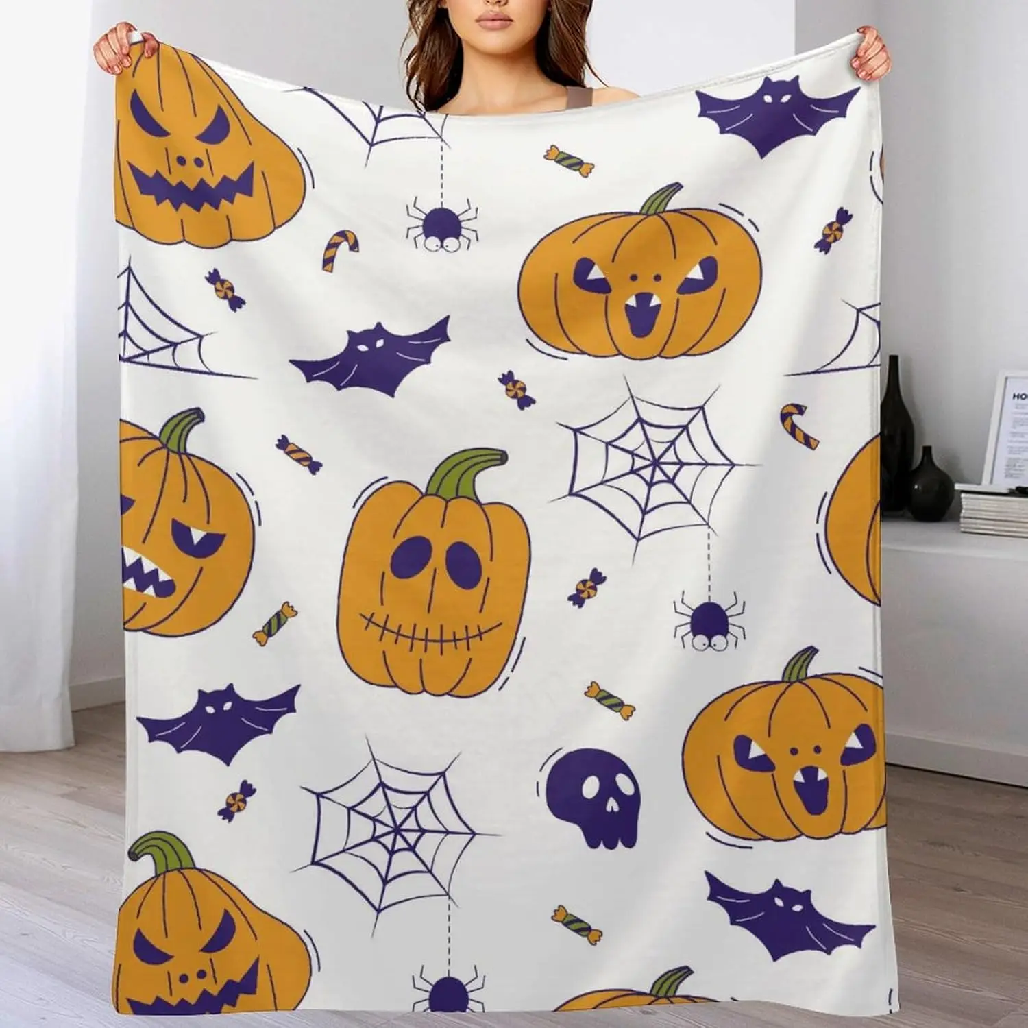 

Фланелевое одеяло на Хэллоуин, мягкое теплое плюшевое одеяло, паутина, шляпа ведьмы, черные летучие мыши и украшенные тыквы, принт на кровати