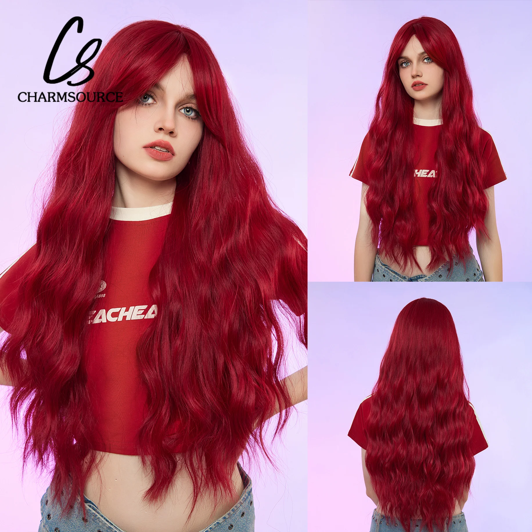 

CharmSource Long Wavy Wig Red with Long Bangs Dark Root Synthetic Wigs for Women Cosplay Party Wear Heat Resistant