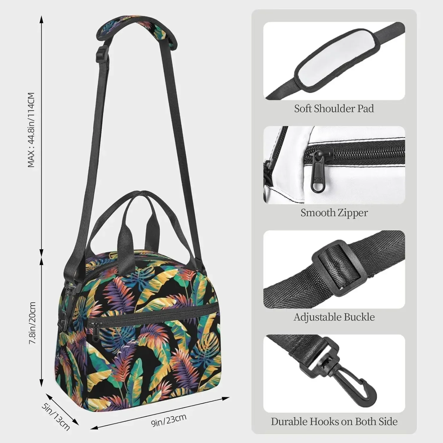 Sac à Déjeuner Hawaïen avec Feuilles de Palmier et Plantes Tropicales, Isolé avec Sangle Initiale Réglable, Réutilisable, pour Femme et Homme