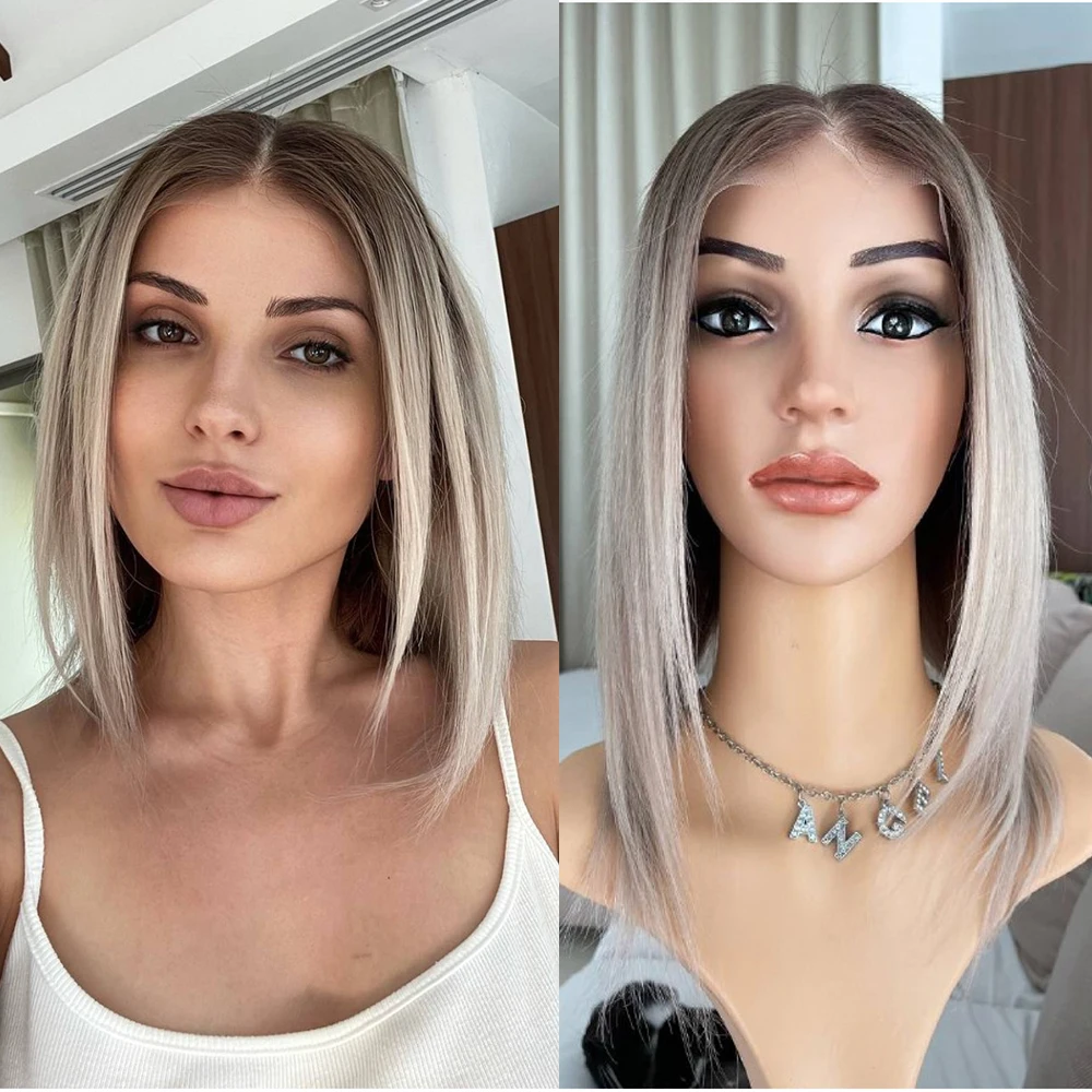 

13x4 Straight Bob Wig Grey Ash Blonde Lace Front Wig Pure Brazilian Remy Hair Ash Roots Ombre Human Hair Wigs 150% Middle Part