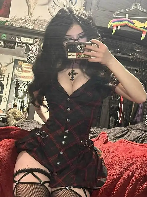 

Готическая клетчатая юбка Dr, женская юбка трапециевидной формы с глубоким воротником, красно-белая летняя коллекция Dr Punk Sle