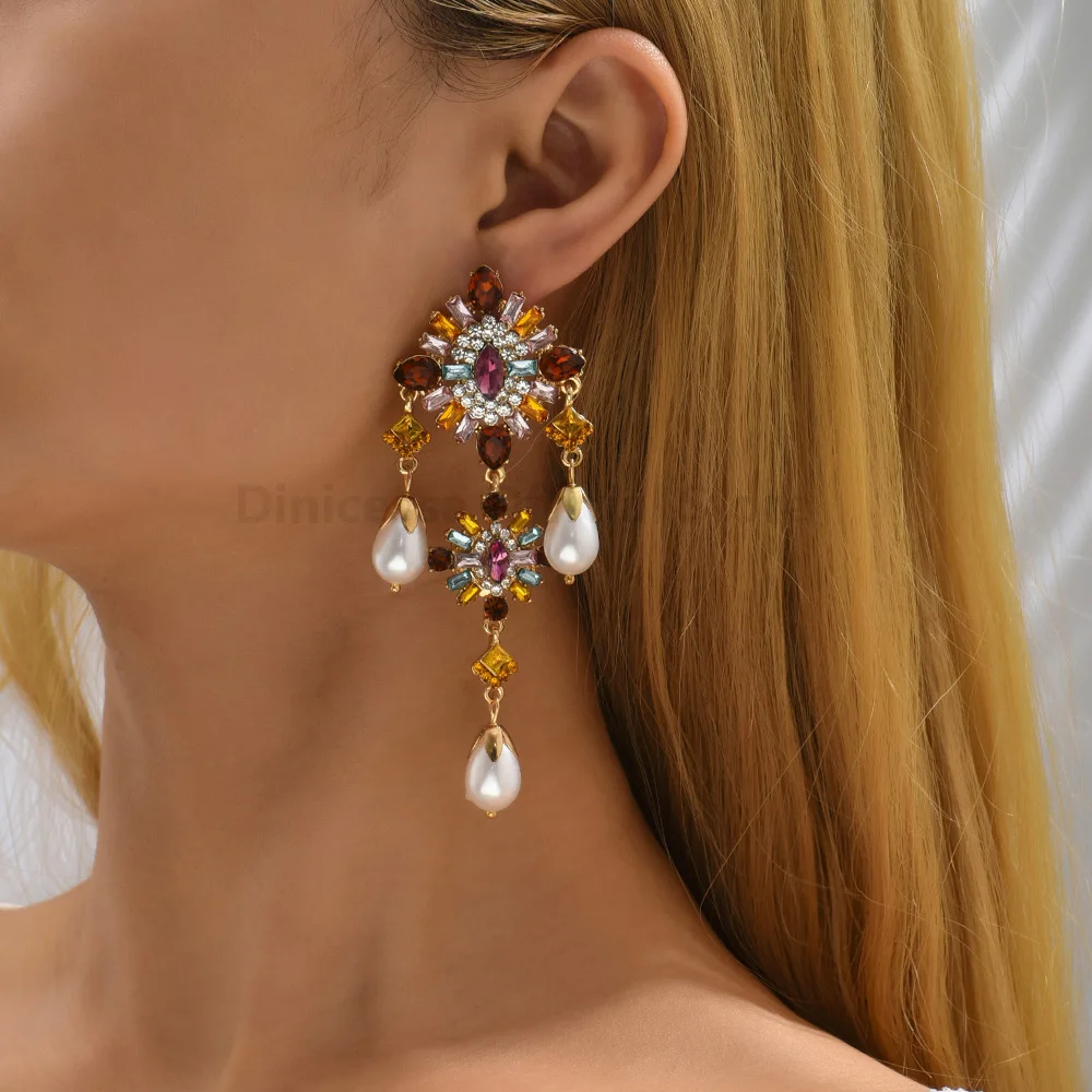 Bohemian Luxury Imitation Pearl Decor Vintage Drop Earrings For Women Fashion Elegant Ethnic Statement Jewelry Ear Accessories